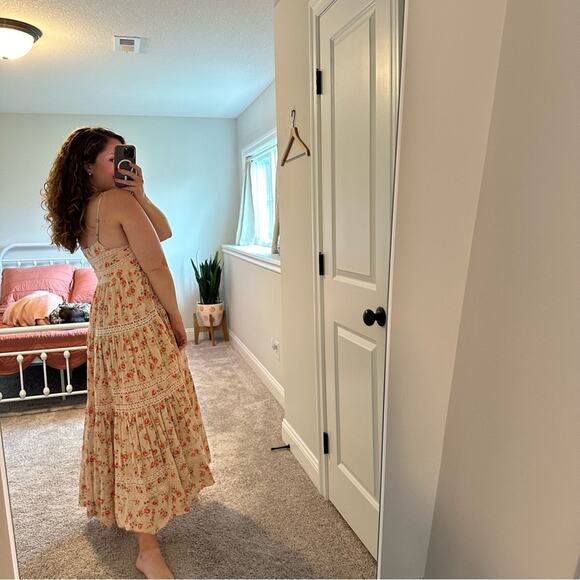 THE GREAT. Cream Red Cotton Floral Lace Tiered Maxi Dress 0 Small - Picture 3 of 12